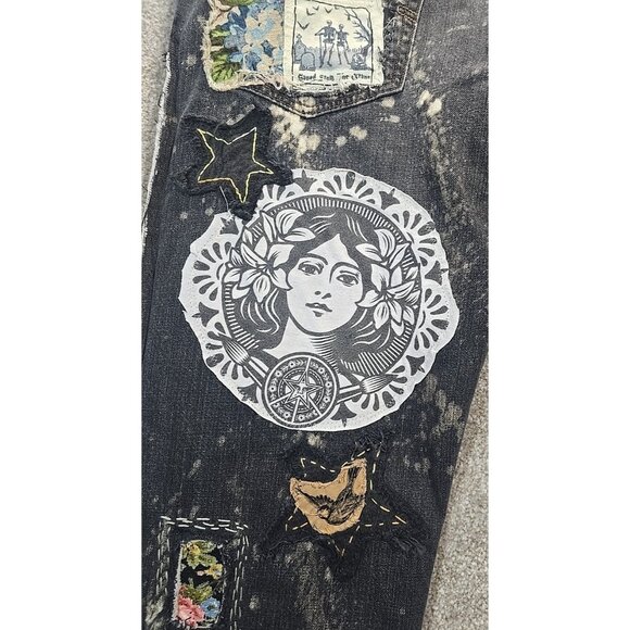 OOAK Magnolia Boho Reworked Levi Jeans Upcycle Indie Cat Boyfriend Adjusts 30-38 - Picture 11 of 16